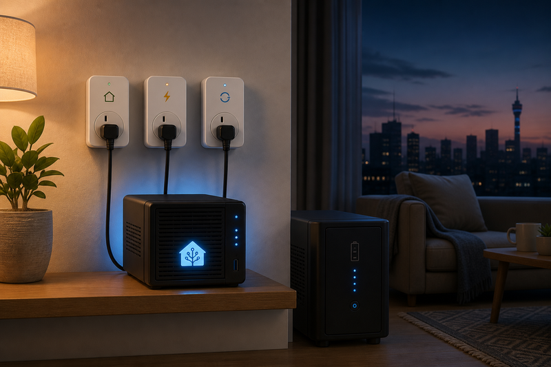 Smart plugs, local Home Assistant hub, and UPS ready for load shedding in a South African home