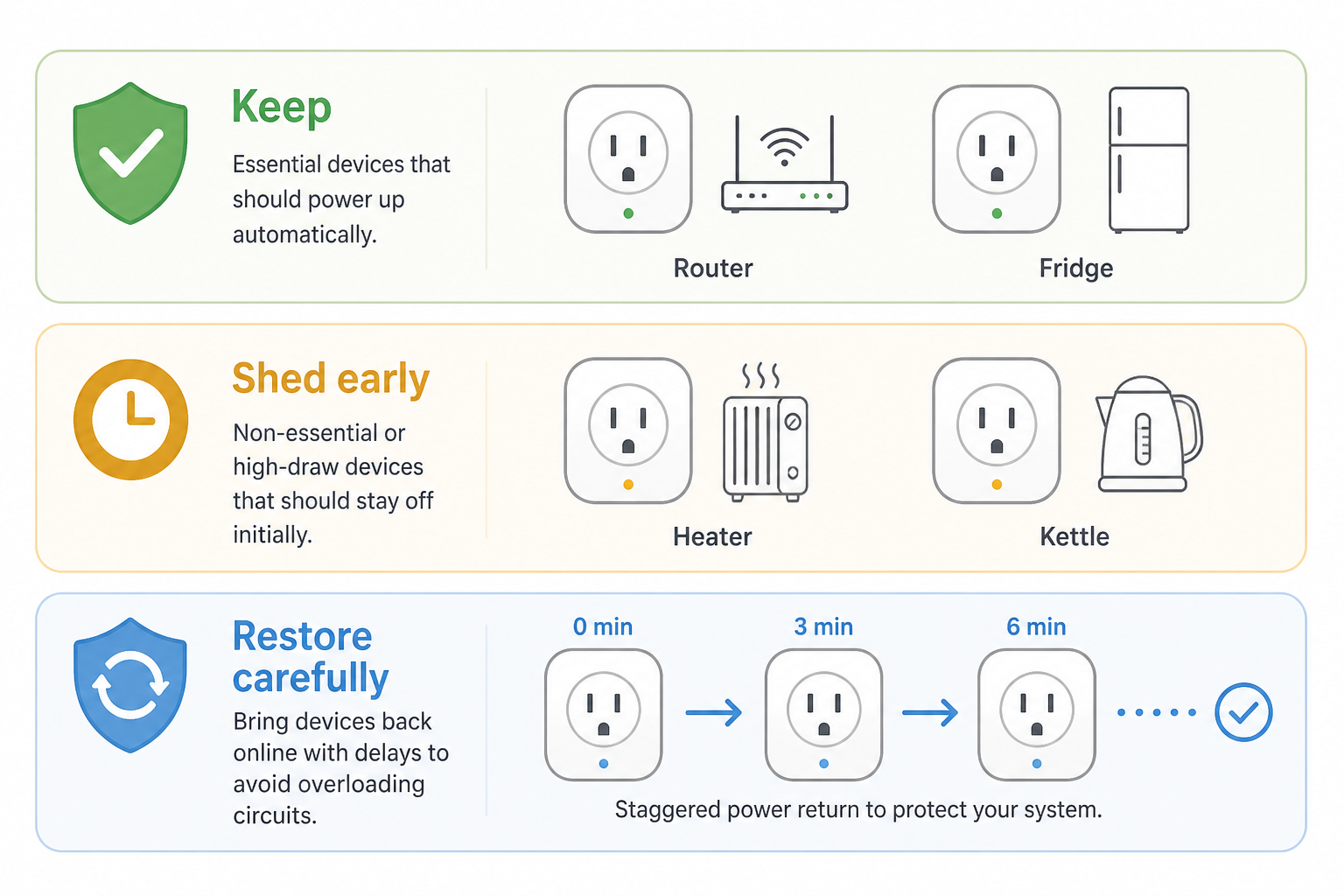 Three-tier smart-plug plan: Keep essentials, shed early for high-draw loads, and restore carefully with staggered timing.
