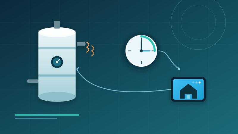 Stylized South African electric geyser with a schedule clock and smart-home hub in teal and navy