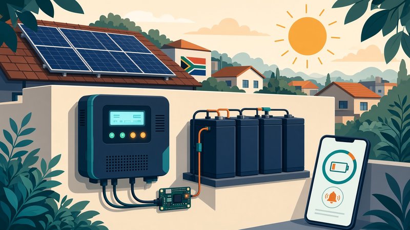 Flat illustration of a wall-mounted hybrid inverter and battery bank on a South African home, with a phone showing a battery alert