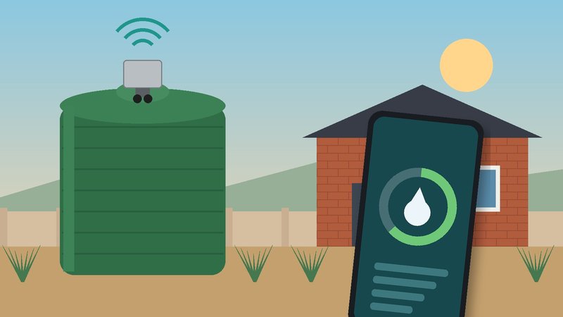 Illustration of a green water storage tank next to a South African face-brick house, with a small sensor box on the tank lid sending Wi-Fi to a phone showing a water-level gauge