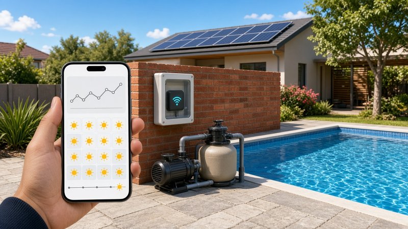 Illustration of a South African backyard pool with a pump and filter next to a face-brick wall, a weatherproof box holding a smart relay for the pump and pool light, solar panels on the roof and a pho